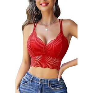 Women's Red Lace Camisoles Double-layered V-neck Sexy Bralettes Crop Top